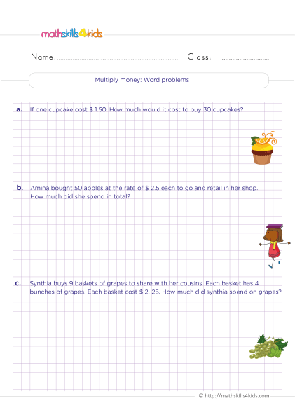 Grade 5 money math worksheets: Word problems with solutions - Multiplying money word problems with solution and answers