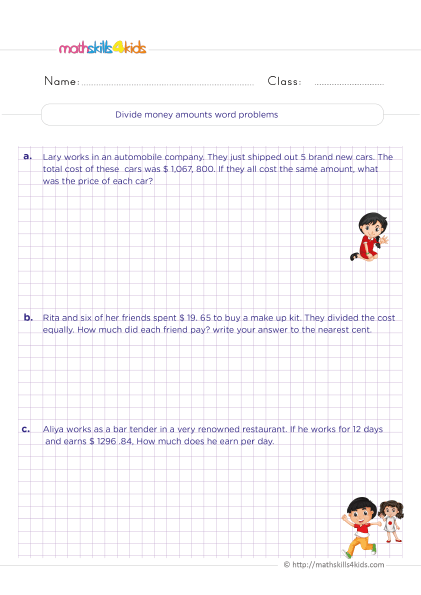 5th Grade Math worksheets with answers - Dividing money word problems with solution and answers