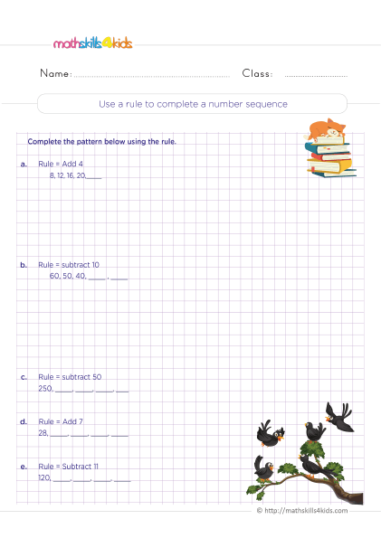 Grade 5 math fun & engaging number patterns and sequences worksheets - complete an increasing number sequence using a rule