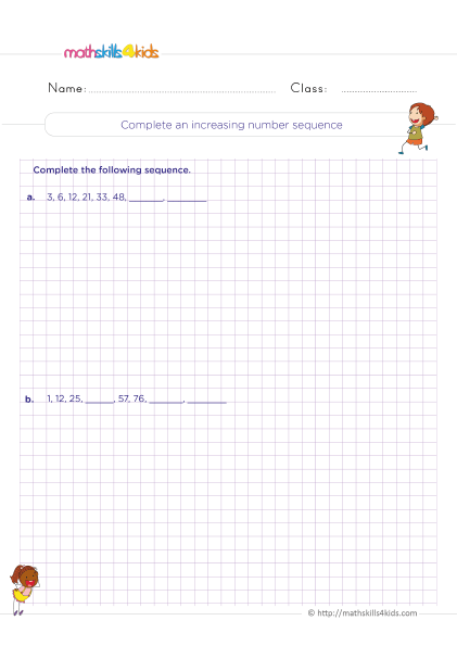 Grade 5 math fun & engaging number patterns and sequences worksheets - Completing an increasing number sequence