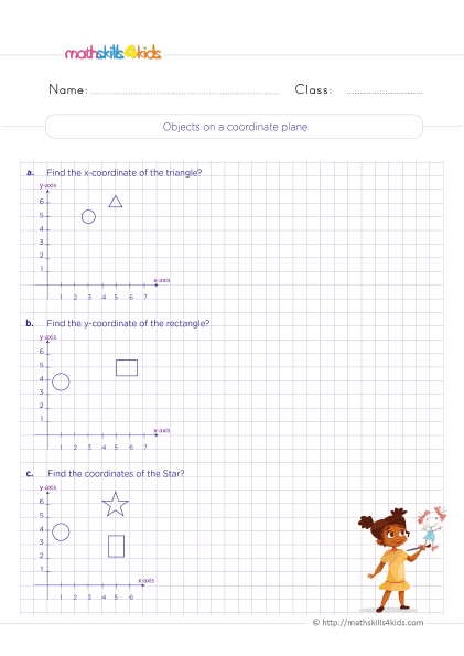 Grade 5 coordinate graphing: Problem-solving with coordinate plane worksheets - Objects on coordinate plane - Finding the coordinate of shapes