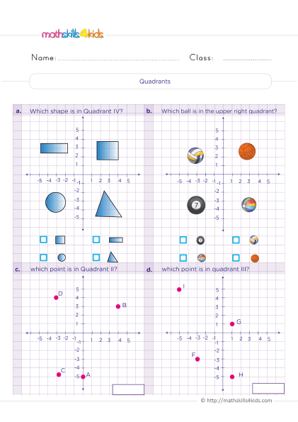 5th Grade Math worksheets with answers - Understanding quadrants - in which quadrant do the following points lie