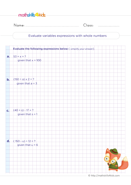 5th Grade Math worksheets with answers - evaluate variable expressions with whole numbers