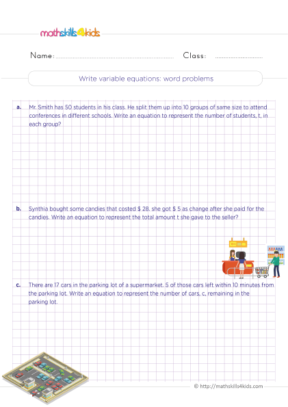 Grade 5 algebraic expressions up to 2 variables worksheets - Writing variable equations word problems