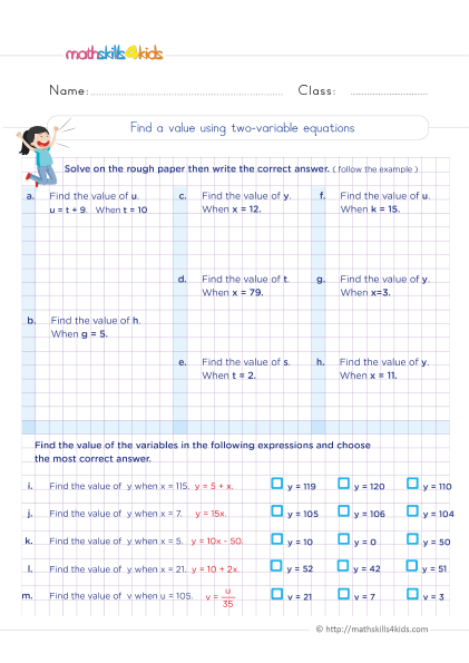 Grade 5 algebraic expressions up to 2 variables worksheets - complete solutions to 2-variable equations
