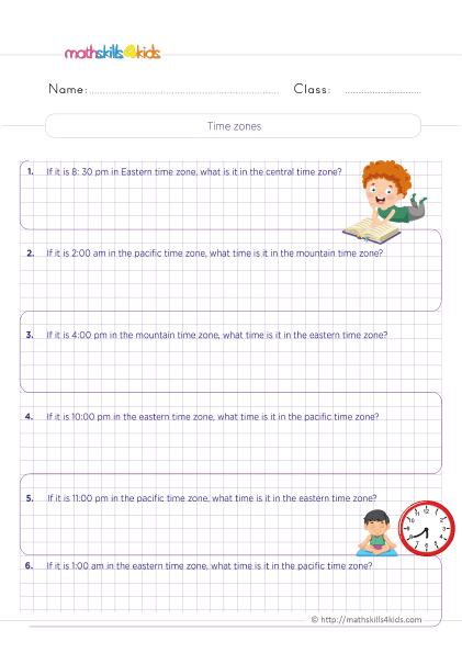 5th-Grade math time worksheets: Elapsed time word problems and more - Time zones