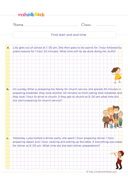 5th Grade Math worksheets with answers - Time word problems findind start and end time