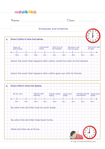 5th-Grade math time worksheets: Elapsed time word problems and more - Time problems involving daily routines, schedules and timelines