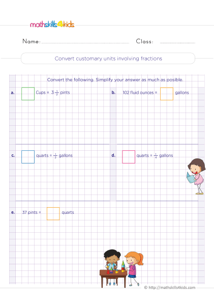 5th Grade Math worksheets with answers - Converting customary units involving fractions