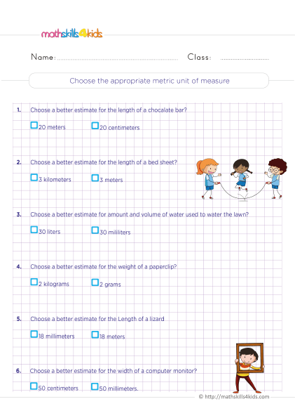 5th Grade Math worksheets with answers - Choosing appropriate units measure practice