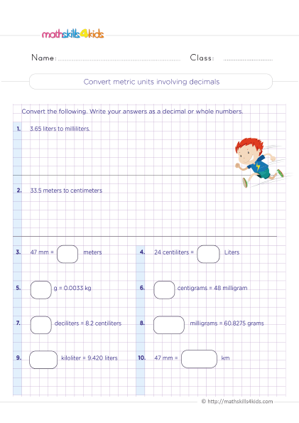 Grade 5 measurement worksheets: Customary and metric conversion - Converting metric units involving decimals