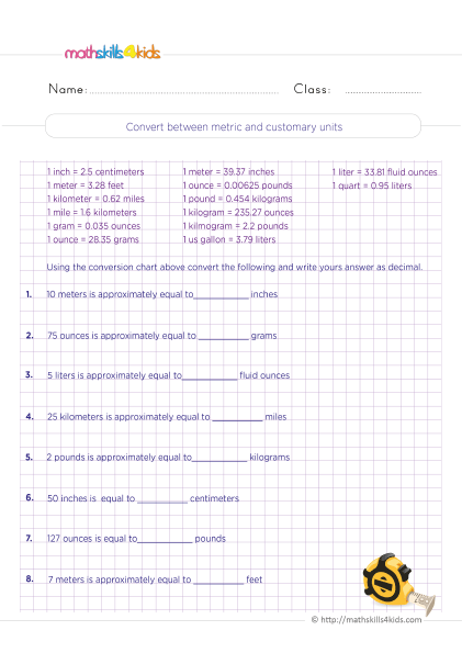 5th Grade Math worksheets with answers - Convert between metric and customary units