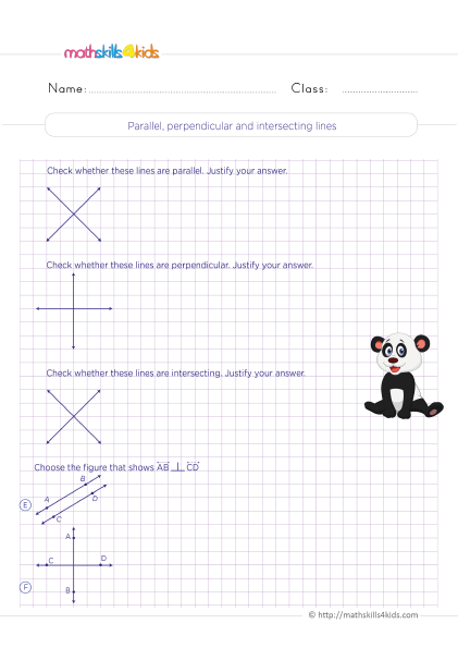 5th Grade Math worksheets with answers - Parallel, perpendicular and intersecting lines practice