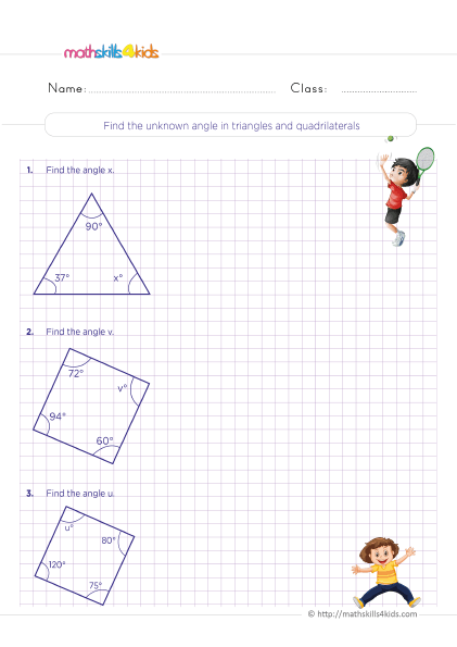5th Grade Math worksheets with answers - find missing angles in triangles and quadrilaterals