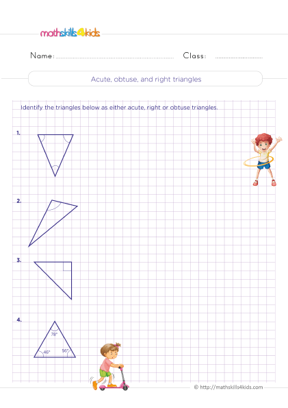 Grade 5 math worksheets: Identifying and classifying triangles & quadrilaterals - How do you know if a triangle is acute obtuse or right