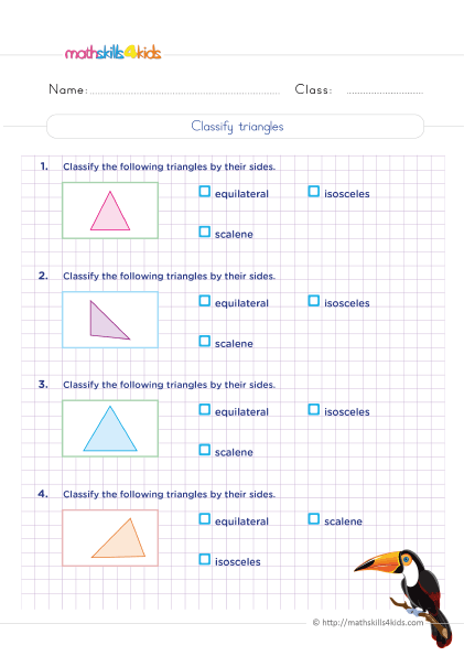 Grade 5 math worksheets: Identifying and classifying triangles & quadrilaterals - Classifying riangles - Equilateral, isosceles and scalene
