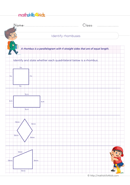 Grade 5 math worksheets: Identifying and classifying triangles & quadrilaterals - Identifying rhombuses