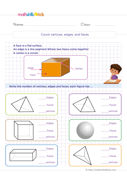 Mastering 3D shapes with Grade 5 solid figures worksheets - Counting vertices, edges, and faces
