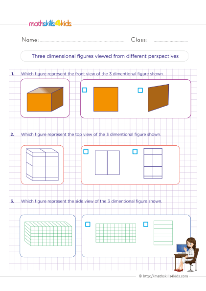 5th Grade Math worksheets with answers - Front, Top, and Side Views of 3D Shapes