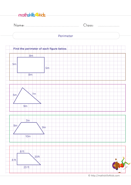5th Grade Math worksheets with answers - Find the perimeter of the following figures