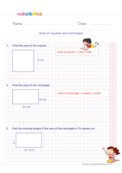 5th Grade Math worksheets with answers - Area of squares and rectangles