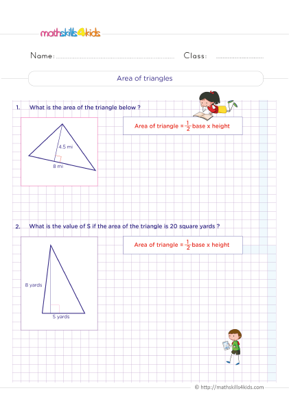 5th Grade Math worksheets with answers - Area of triangles