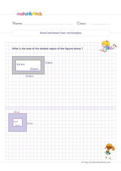 5th Grade Math worksheets with answers - Finding area between two rectangles