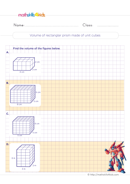 5th Grade Math worksheets with answers - volume of rectangular prisms made of unit cubes