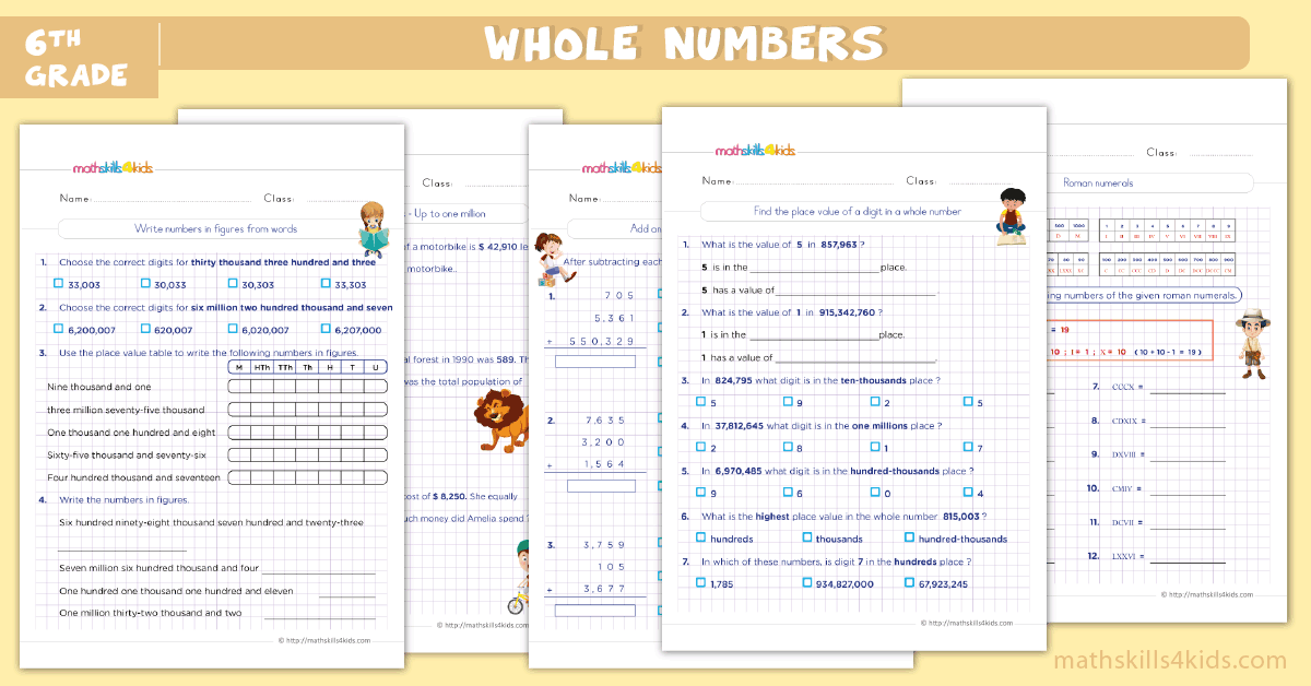Grade 6 Whole Number Worksheets Roman Numerals Place Value Spelling Add Subtract