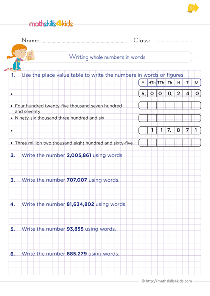 Writing Whole Numbers in Words Grade 6 Worksheets