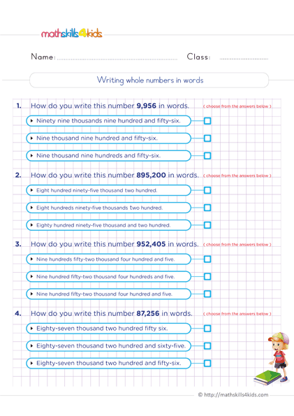6th Grade Math whole numbers worksheets - Spell numbers in words up to one million