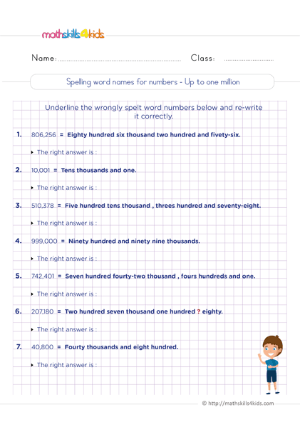 6th Grade Math worksheets - reading whole numbers - how to write numbers in words in english