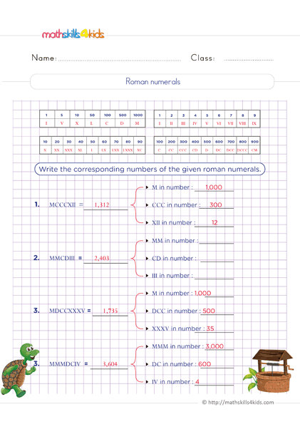 6th Grade Math whole numbers worksheets - One to thousands standard numbers to Roman numerals writing
