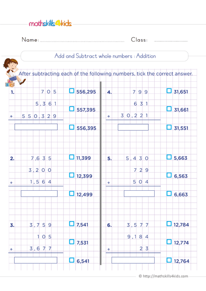 Add and Subtract Whole Numbers Worksheets for Grade 6 with Answers