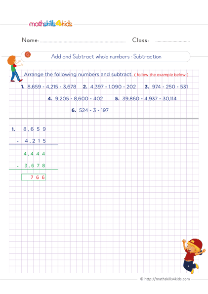 6th Grade Math whole numbers worksheets - Subtracting whole numbers