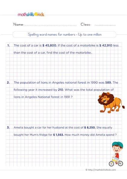 6th Grade Math whole numbers worksheets - adding and subtracting whole numbers word problems