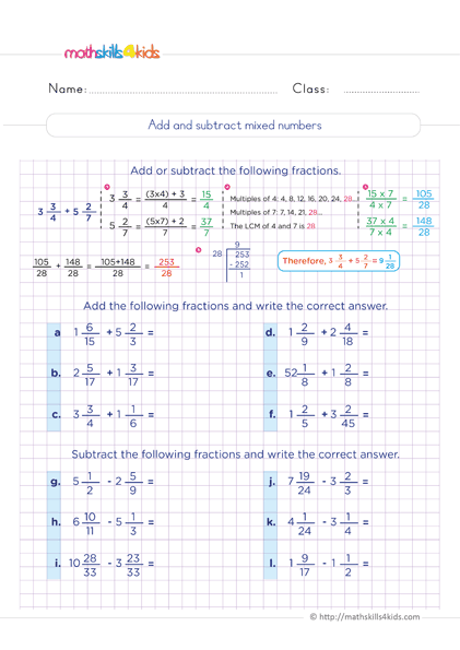 6th Grade adding and subtracting fractions: Free printable worksheets - Adding and subtracting mixed numbers practice