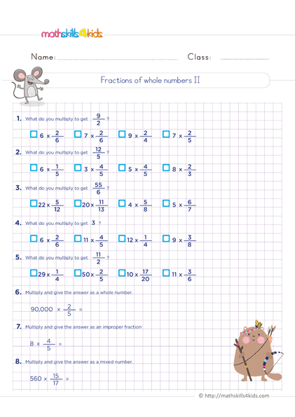 6th Grade multiplying fractions worksheets with answers - Finding fractions of whole numbers