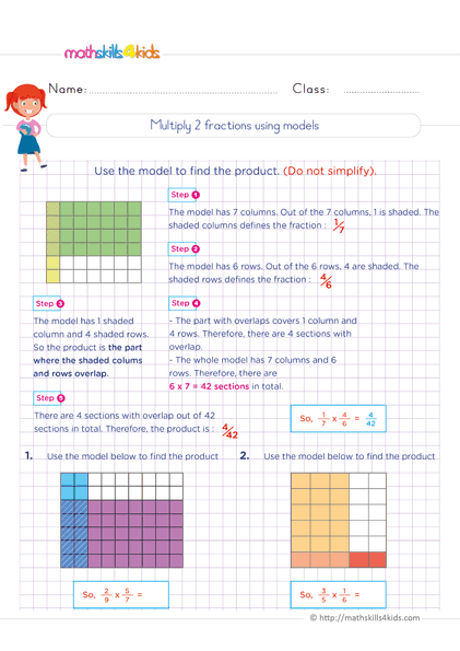 6th Grade multiplying fractions worksheets with answers - multiply two fractions using models