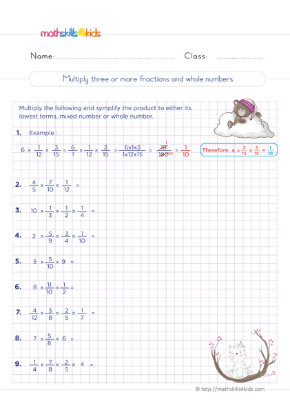 6th Grade multiplying fractions worksheets with answers - multiply three or more fractions and whole numbers