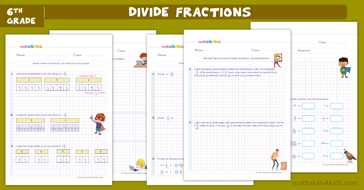 6th grade math worksheets - Divide fractions worksheets