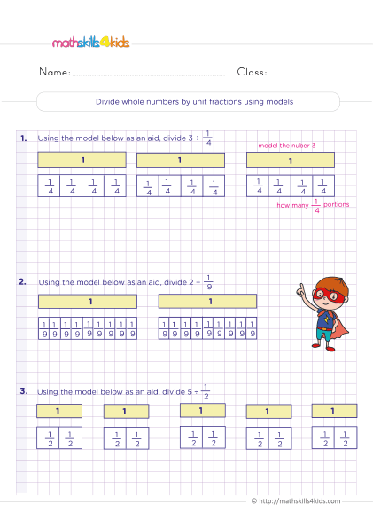6th Grade math dividing fractions worksheets - divide whole numbers by unit fractions using models