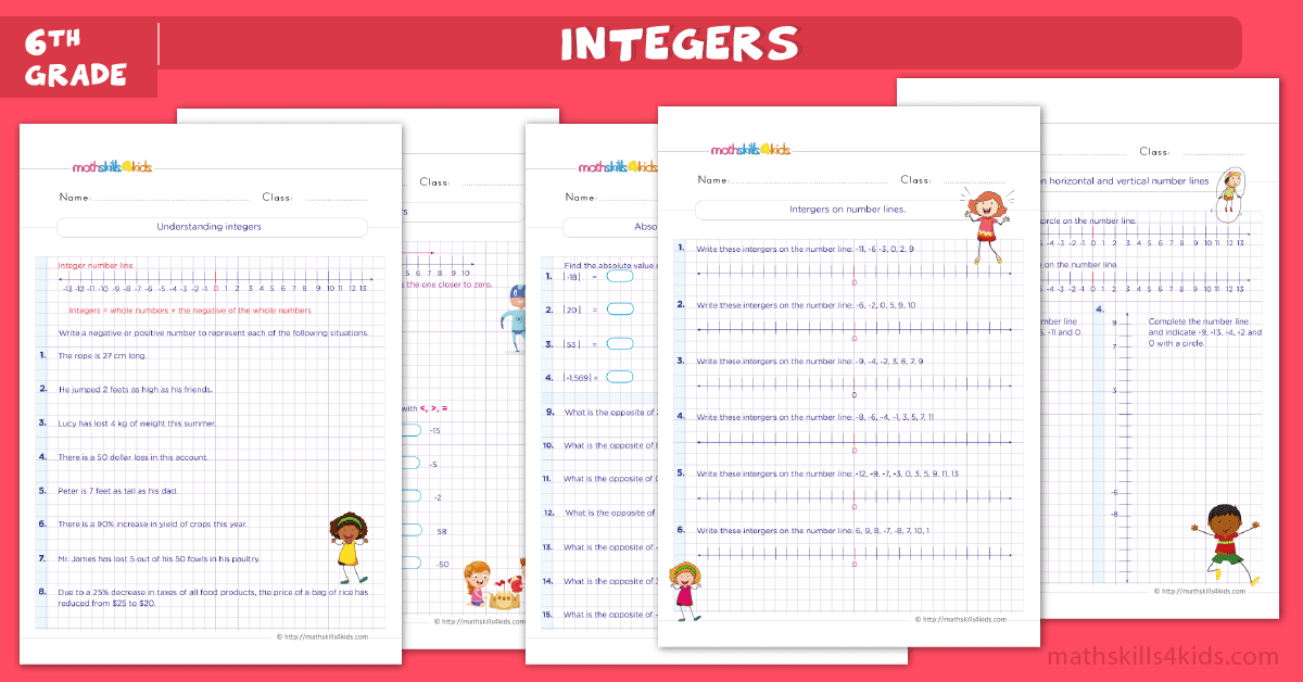 6th grade math worksheets - Integers worksheets