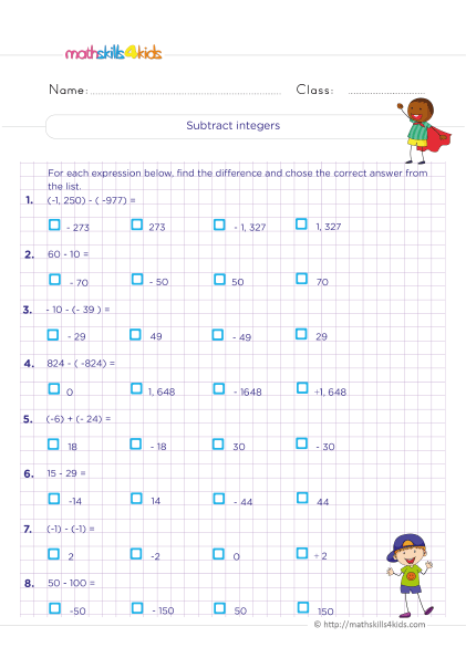6th Grade Math worksheets - Subtracting integers practice