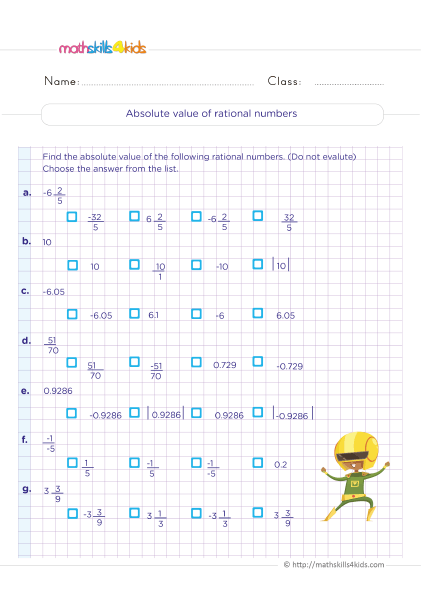 Grade 6 math worksheets: Improve kids’ math skills with fun exercises - Absolute value of rational numbers practice