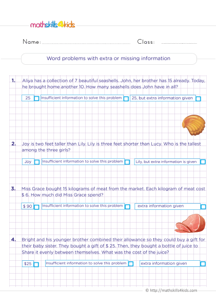 6th Grade Math worksheets - Word problems with extra or missing information