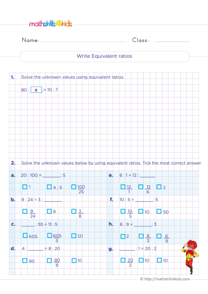 6th Grade Math worksheets - Equivalent ratios practice