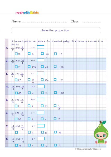 6th Grade Math worksheets - Solving proportions practice