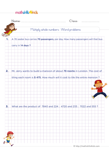 6th Grade Math worksheets - Multiplication of whole numbers word problems