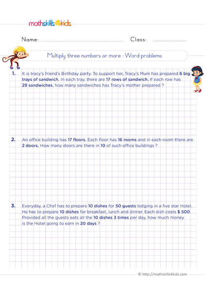 6th Grade math worksheets: Multiplication of whole numbers - Multiplying three numbers word problems